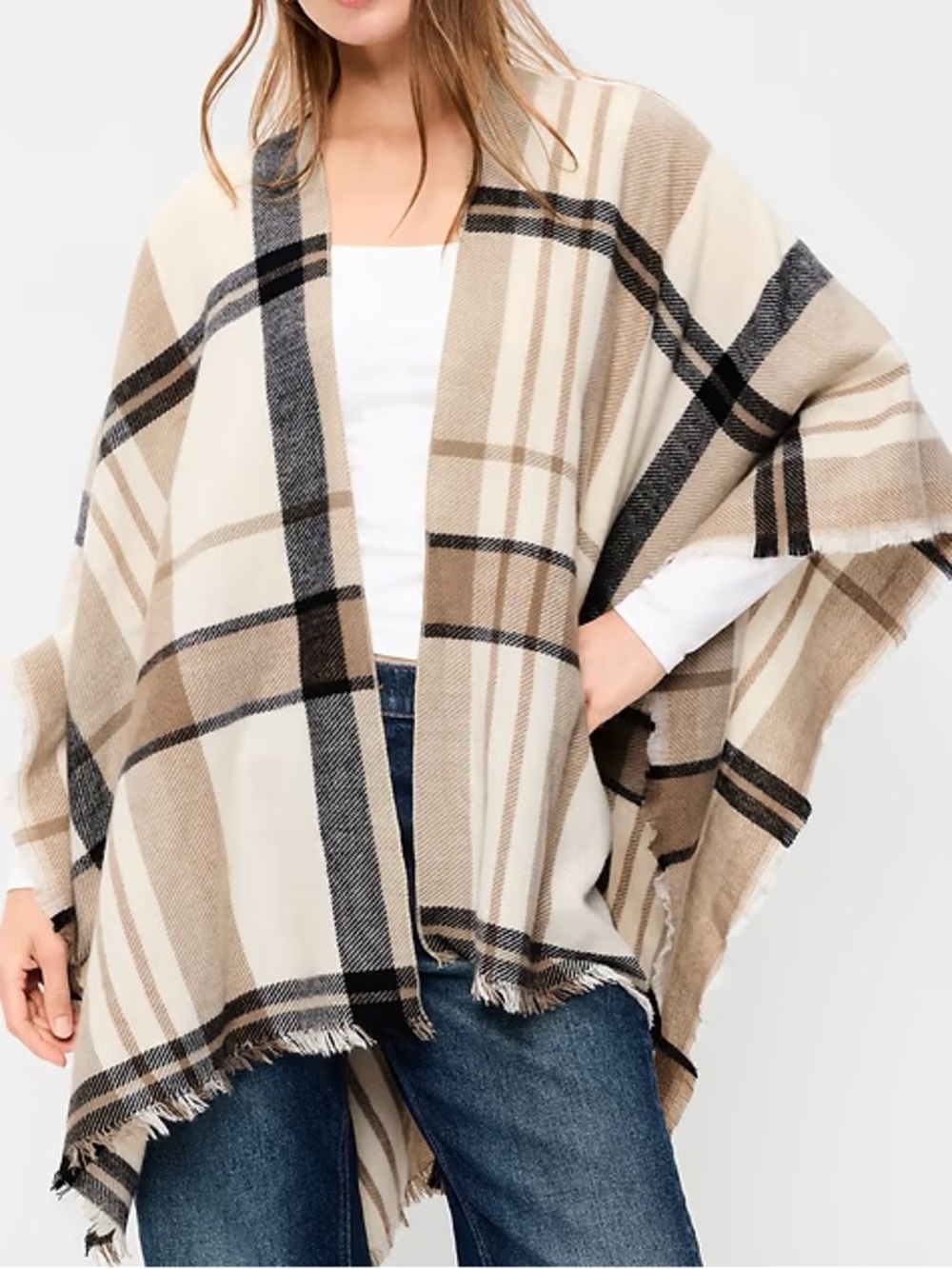 old navy cream, brown & black plaid poncho with fringe